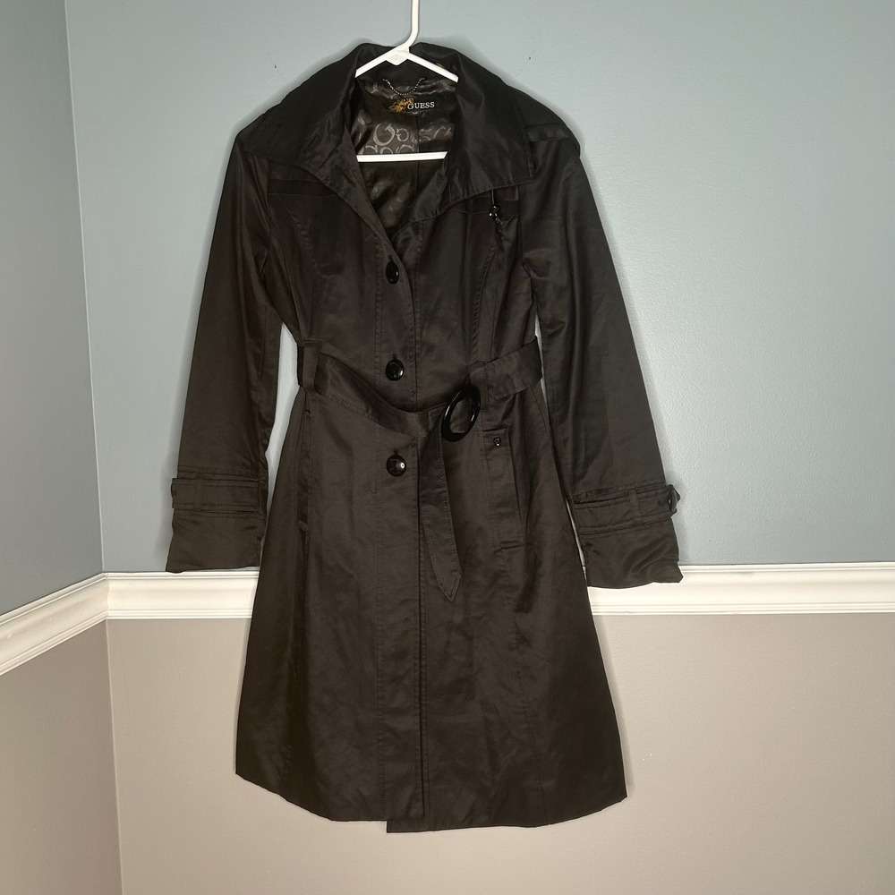 GUESS Black Hooded Trench Coat long outdoor fairy grunge new york